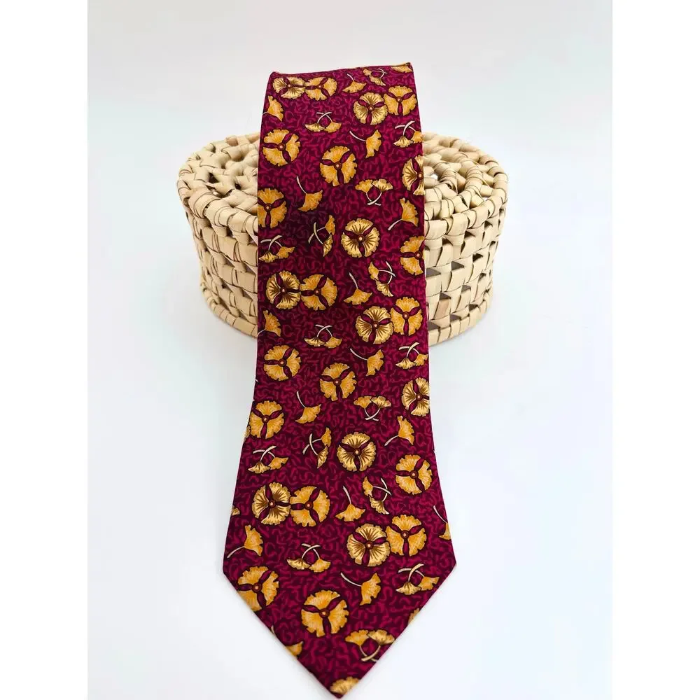 Hermes Burgundy and‎ Yellow Floral Motif Silk Tie